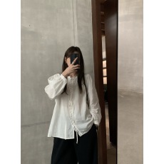 批发韩版chic春新款小清新木耳边简约纯色系带设计感长袖衬衫女