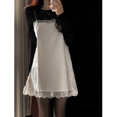 批发韩系chic纯欲气质百搭叠穿蕾丝花边拼接丝绒开衩吊带<b class='q'>连衣裙</b>女