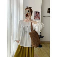 批发韩版chic 春秋简约圆领褶皱<b class='q'>长袖</b>小衫宽松遮肉百搭衬衫上衣女