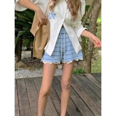 批发韩国东大门春夏新款设计感抽绳拼色花边条纹阔腿休闲<b class='q'>短裤</b>女针织裤