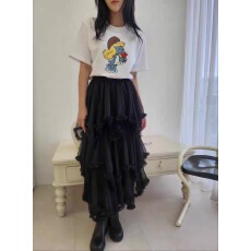 批发韩国东大门新款早春高腰仙女气质层叠飘逸荷叶下摆半身<b class='q'>长裙</b>