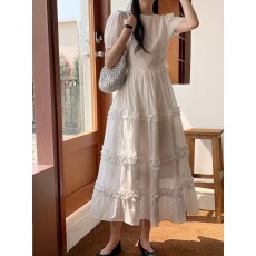 批发韩系chic 夏新款甜美气质复古<b class='q'>泡泡袖</b>木耳边拼接收腰系带蛋糕长裙