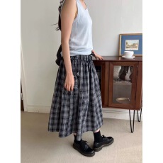 韩版chic夏新款小清新复古格纹简约格子抽绳大口袋半身裙