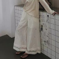 批发韩版chic夏季新款<b class='q'>甜美</b>镂空刺绣蕾丝花边拼接阔腿裤长裤