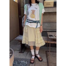 批发韩国东大门夏季新款时尚百搭宽松减龄荷叶边拼接网纱半身裙女