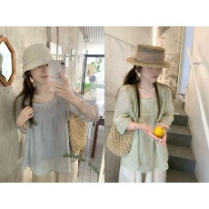 批发Yoursjin  清透感波点100苎麻轻薄款灰蓝/浅绿上衣方领衬衫娃娃衫