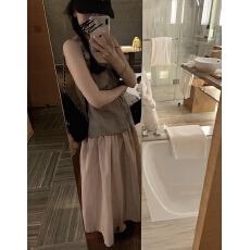 批发uungchuuu 26SS 清冷软桃粉小格子中长款半身裙春夏