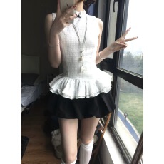 批发韩系千金风气质<b class='q'>无袖</b>格纹<b class='q'>上衣</b>夏季收腰显瘦花边<b class='q'>无袖</b>设计感T恤