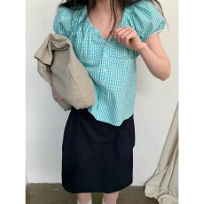 批发英子oni 设计感小众复古格纹<b class='q'>短袖</b>衬衫女韩版显瘦百搭内搭上衣春夏