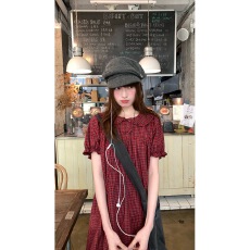 批发RAINY 甜美少女感格纹娃娃领连衣裙夏季女泡泡袖格子短款叠穿裙子