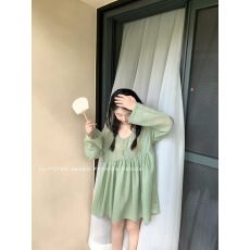 批发理理芋头 6/20晚8点新品 夏日小精灵很特别的绿色娃娃衬衫<b class='q'>连衣裙</b>