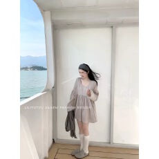 批发理理芋头 素灰记 可以叠穿裤子的淡人风长袖中款衬衫娃娃<b class='q'>连衣裙</b>女