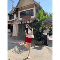 批发MULVAN 轻氧漫游 红色苎麻直筒<b class='q'>半身裙</b>女气质休闲显瘦松紧腰短裙