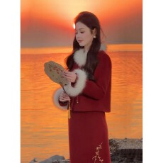 批发红色新年过年小香风套装女2025年冬季新中式国风<b class='q'>外套</b>半身裙两件套