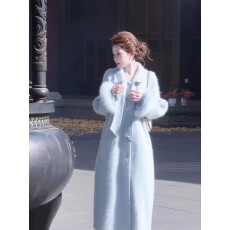 批发婷婷【一眼万年】时尚气质蓝色拉绒大衣冬季新款宽松<b class='q'>显瘦</b>毛呢外套