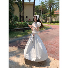 批发MONARTW 棉娃娃领泡泡袖上衣大A版高腰半身裙<b class='q'>女</b>套装夏季新款