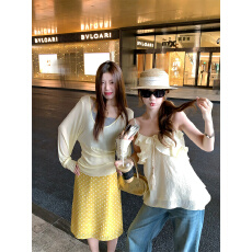 批发曾小咸 黄色莱赛尔<b class='q'>长袖</b>罩衫女夏吊带叠穿薄款<b class='q'>长袖</b>波点半身裙套装