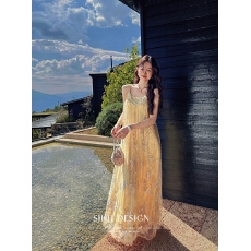 批发三吉黑花【万朵】新中式极繁珠绣提花<b class='q'>连衣裙</b>子女夏日绝美吊带长裙
