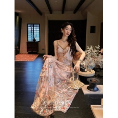 批发三吉黑花【千枝染】新中式满幅珠绣花<b class='q'>连衣裙</b>子女夏季网纱吊带长裙