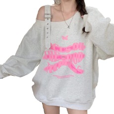 批发原版做工<b class='q'>韩版</b>甜美风字母印花露肩卫衣女秋季2025宽松显瘦上衣