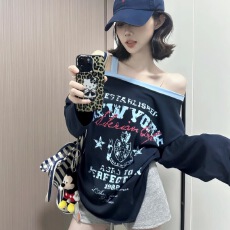 批发仿棉拉架美式复古字母印花一字领<b class='q'>长袖</b>防晒T恤女2025宽松上衣