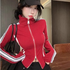 批发条纹拉链长袖秋季甜辣辣妹春秋短款气质开衫复古上衣外套