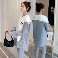 批发孕妇装<b class='q'>夏</b>装套装条纹拼接卡通绣花春秋装上衣潮妈2025春秋款两件套