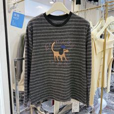 批发原版面料】特大码300斤韩版卡通小狗<b class='q'>条纹</b><b class='q'>长袖</b><b class='q'>T</b><b class='q'>恤</b>女宽松上衣