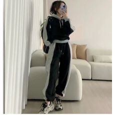 批发加绒韩国chic秋冬气质<b class='q'>宽松</b>撞色长袖连帽<b class='q'>卫衣</b>+高腰休闲裤长裤套装
