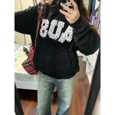 华棉复合银狐绒420g无绳有口袋 连帽印花卫衣外套女