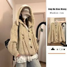 批发韩系慵懒风一整套宽松牛角扣兔耳朵连帽<b class='q'>毛衣</b>外套女+蕾丝拼接吊带