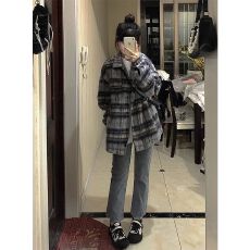 批发格子毛呢外套秋冬新款美式复古小香风夹克高级感<b class='q'>棒球</b>服宽松