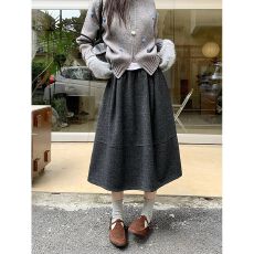 批发韩版深灰色毛呢松紧腰半身裙女秋冬新款中长款休闲A字伞裙蓬蓬裙