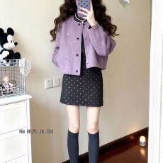 批发2026春季新款套装女紫色御姐长袖毛呢外套波点半身<b class='q'>裙</b>两件套秋冬