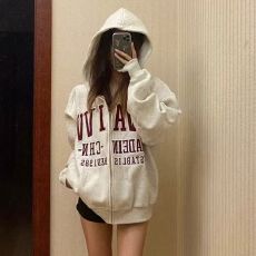 批发双头拉链【CVC棉食毛华棉复合银狐绒】连帽印花<b class='q'>开衫</b>外套女