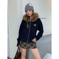 批发纯棉华棉复合银狐绒】毛领拼接拉链印花外套女<b class='q'>开衫</b>