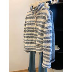 批发原版面料】特大码300斤蓝色条纹半高领仿羊羔圈圈毛卫衣女