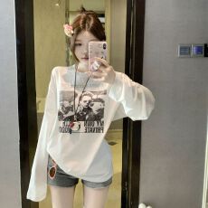 批发210克纯棉塞洛仿+拉肩包边】圆领长袖<b class='q'>t</b><b class='q'>恤</b>女印花上衣