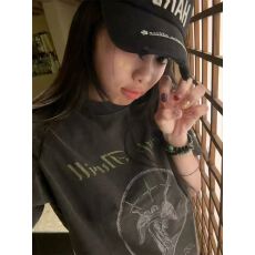 批发【纯棉230克21支精梳紧密】水洗做旧印花宽松大版短袖恤女