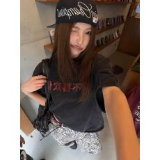 批发【纯棉230克21支精梳紧密】水洗做旧印花宽松大版短袖恤女