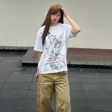批发（21支纯棉230克100%棉精梳紧密）圆领印花短袖t恤女