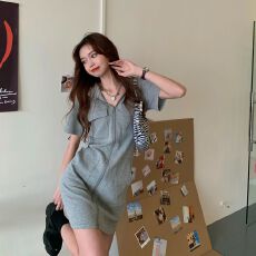 批发6535鱼鳞面料】修身显瘦连帽拉链可甜可盐短袖<b class='q'>连衣裙</b>女休闲裙子