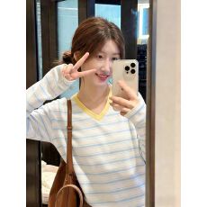 批发夏季长袖防晒罩衫水印蓝白<b class='q'>条纹</b>V领140g上衣