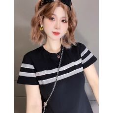 批发韩系时尚条纹满印短袖T恤女2026<b class='q'>夏</b>季新款设计感圆领修身显瘦上衣