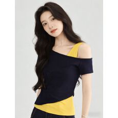 批发260克随心裁 夏季撞色假两件斜领打底衫女内搭拼接露肩吊带上衣女