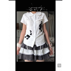 批发韩系少女音符刺绣白色娃娃领<b class='q'>短袖</b><b class='q'>衬衫</b>女夏季轻亚修身显瘦<b class='q'>衬衣</b>上衣