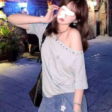 批发92%棉8%氨纶 美式<b class='q'>街头</b>斜肩短袖女夏季辣妹t恤休闲