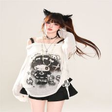 批发叛逆魔<b class='q'>女</b>一字肩韩系微透蕾丝防晒罩衫<b class='q'>女</b>夏宽松显瘦上衣