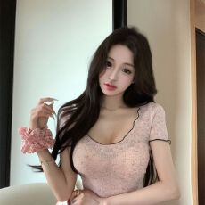 批发韩国雪花麻 撞色薄款正肩u领短袖T恤夏季纯欲修身套头<b class='q'>打底衫</b>上衣