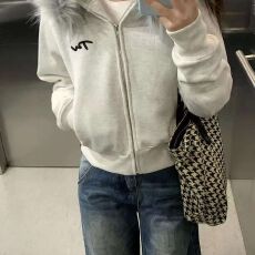 批发纯棉华棉复合毛领拼接拉链印花外套女开衫